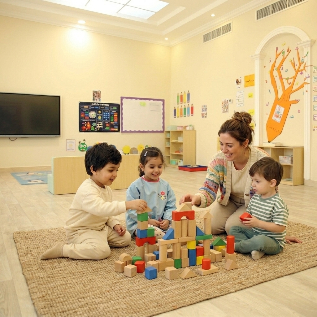 Preschool children building a wooden block tower with their teacher in a bright classroom
