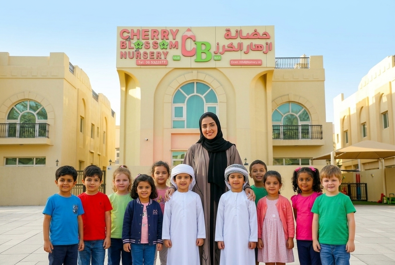 Emirati and international children standing with their teacher in front of the Cherry Blossom Nursery building