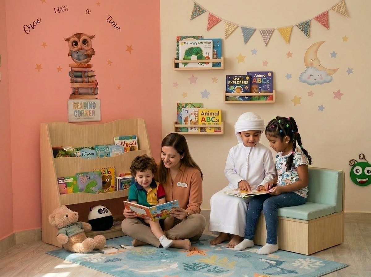 Library nook with children reading on a bench and a teacher sitting on the floor reading to a child