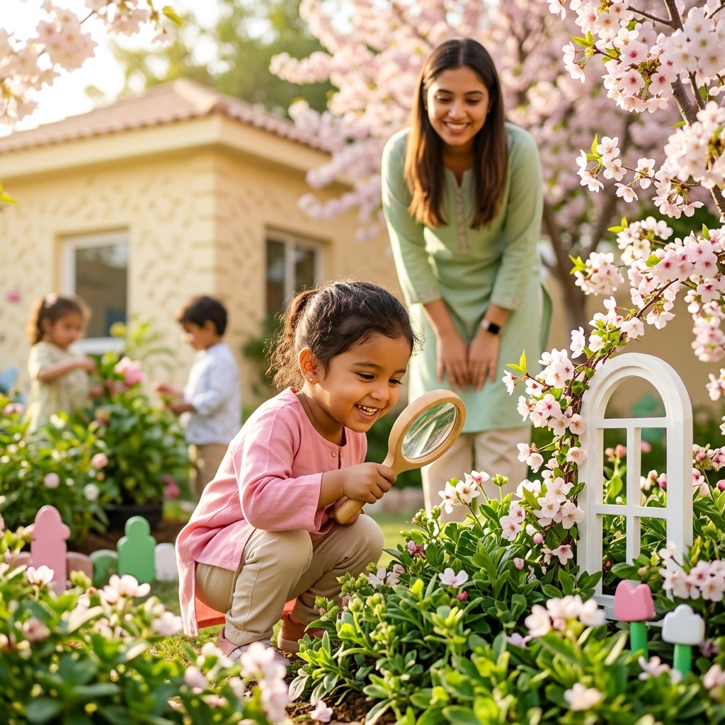 A child exploring plants with a magnifying glass in our nursery garden